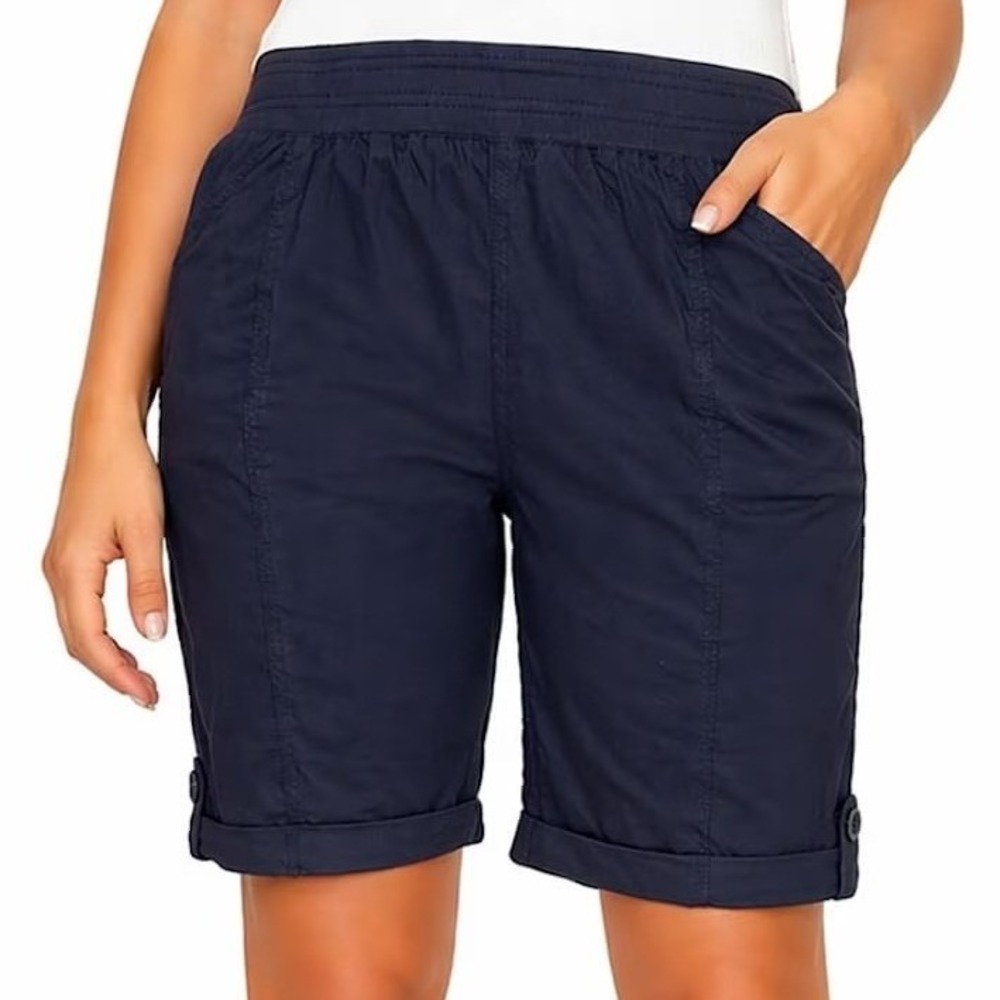 Briggs Pull On Shorts Navy Blue Cuffed Elastic Waist Women Size S Casual Summer